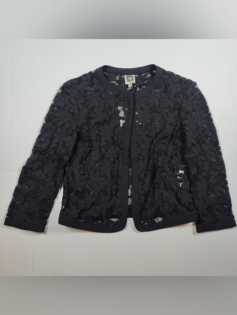 NWT Anne Klein Open Front Black Floral Lace Cardigan Size 0 Retail 89$